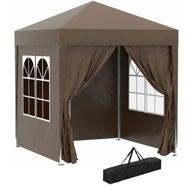 Coffee-brown pop-up gazebo tent with sidewalls, windows, and dual curtains