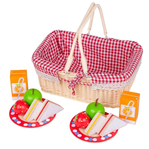 Bigjigs Toys Wicker Picnic Basket, Complete With Blanket, Plates And Wooden Play Food