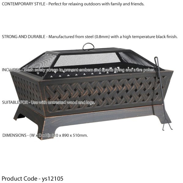 Rectangular Black Fire Pit Wood Burner - Modern Outdoor Garden Heater Mesh Lid - LoopsDirect