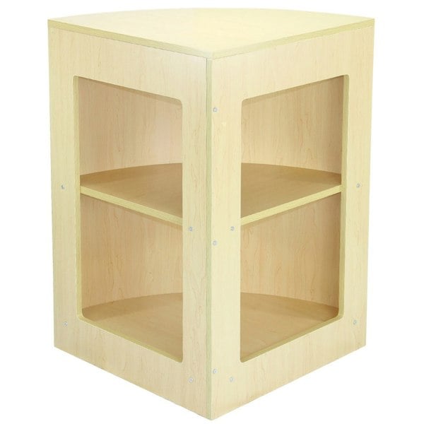 Light maple wood corner display unit with two open shelves, featuring smooth surfaces and rounded edges for a modern retail look