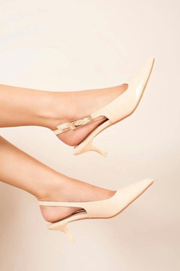 Aven Slingback Pointed Toe Kitten Heels With Croc Detail - Beige