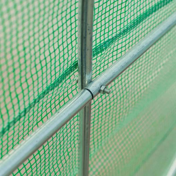 Green tunnel greenhouse frame connector with vertical metal bar and mesh cover