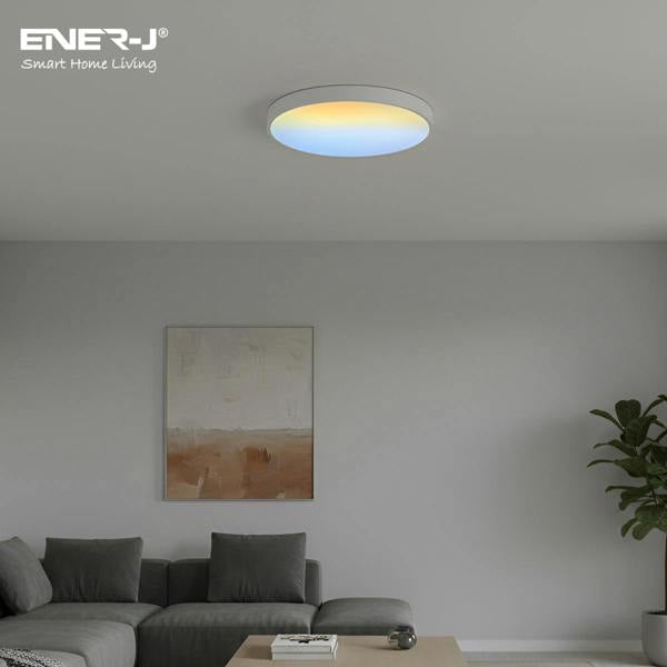 Ceiling light fixture in a living room with 'ENER-J' branding