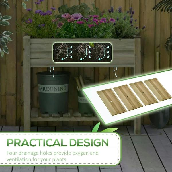 Raised wooden planter bed with legs, slatted base, and tools on the storage shelf