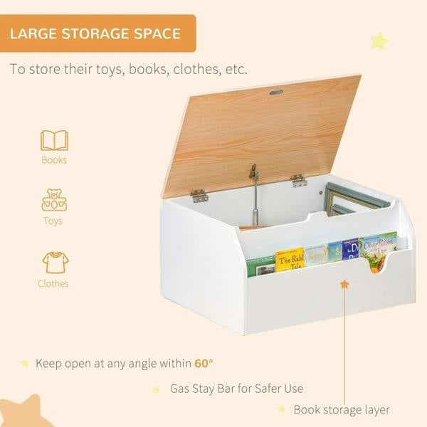 White kids toy box with hinged lid, large storage space for books, toys, and clothes