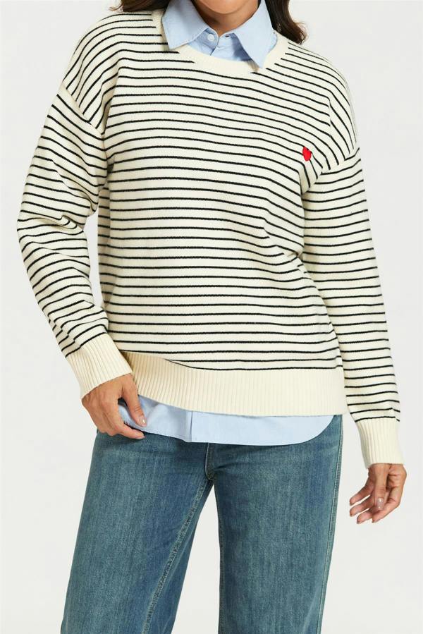 FS Collection Little Heart Embroidery Stripe Pattern Jumper Top In White