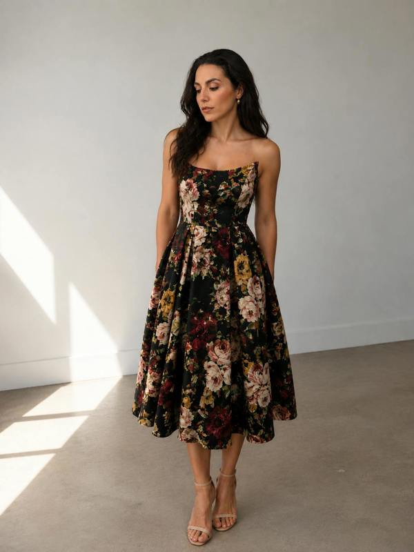 A woman stands indoors wearing the Sarvin Golshifteh Floral Corset Midi Dress with her hands in the pockets, long dark hair down, and looking slightly downward.