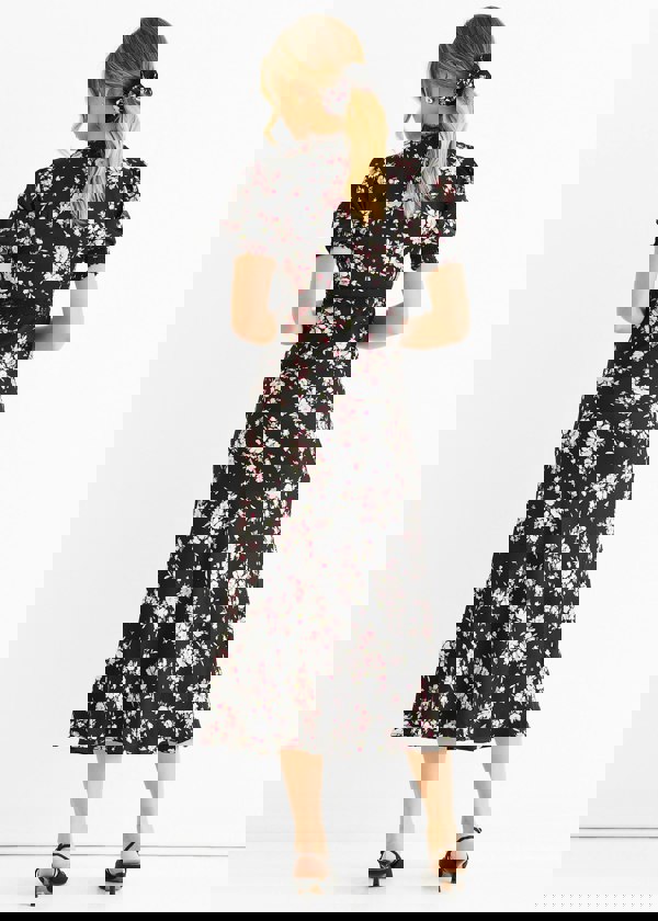 Gini London Black Floral Lace Trim Bias Midi Dress