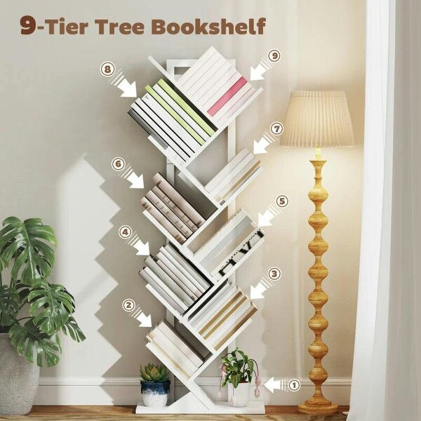 9-Tier Tree Bookshelf, Industrial Free Standing Bookcase with Steel Frame, Display Storage White
