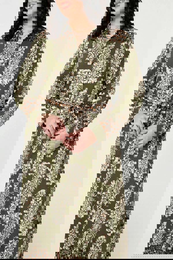 Green | Curve Printed Tie Waist Maxi Shirt Dress