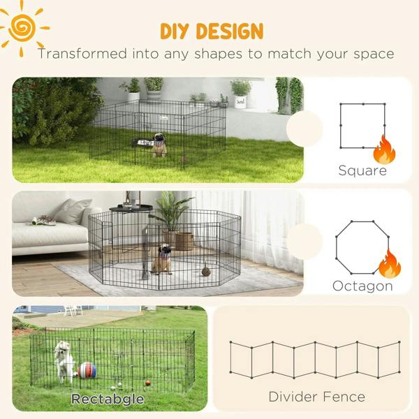 Black eight-panel pet playpen setup diagrams showing multiple configurations