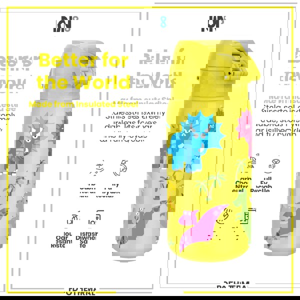 A yellow, dinosaur-patterned insulated steel water bottle sits against a white background. It's made of durable, recyclable stainless steel; carbon neutral, odour resistant, and dishwasher safe. The text reads: "Better for the World," "ION8," and "POD THERMAL".