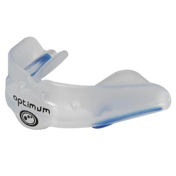 Clear Optimum Matrix mouthguard with blue accents and black logo, side profile close-up on white - Optimum