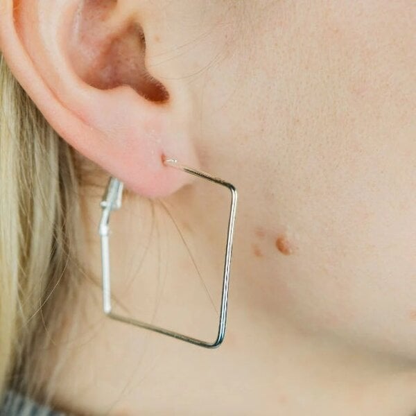 The Colourful Aura Black Small Thin Dainty Bar Threader Large Square Geometric Hoop Earrings - Silver