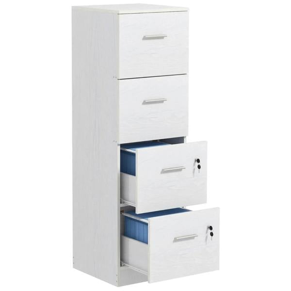 White wood-effect four-drawer lockable filing cabinet with key locks on lower drawers