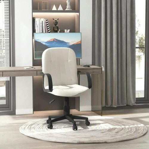 Bobobiy Desk Chair, PU Leather Computer Office Chair with Adjustable Height, Swivel Wheels for Home Work Study, Cream White