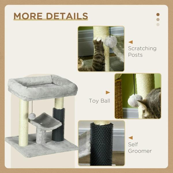 Grey cat tree with toy ball, scratching posts, and a self-groomer attachment.