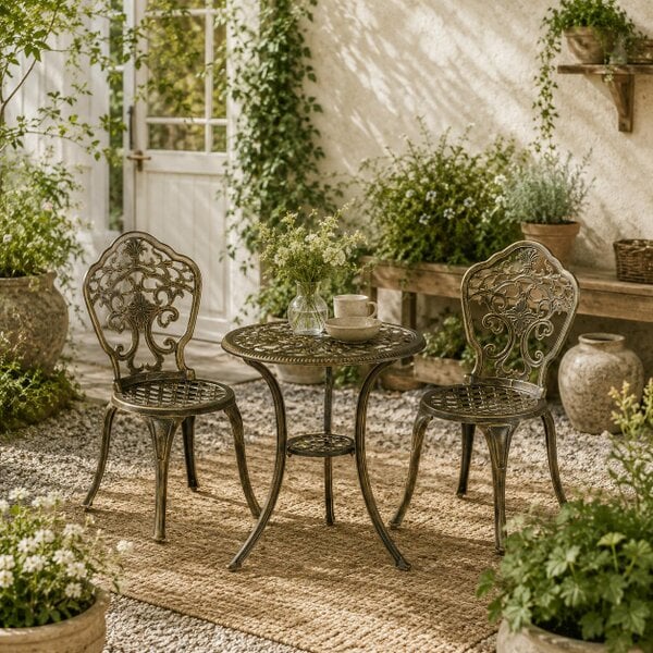 Wyld Haus Bava Cast Aluminium Bronze 3 Piece Garden Bistro Set With Parasol Hole Round Table