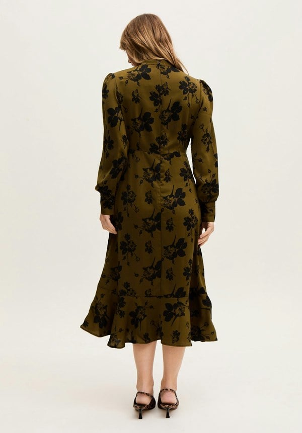 Scarlett High Neck Floral Print Midi Dress in Khaki- image 5