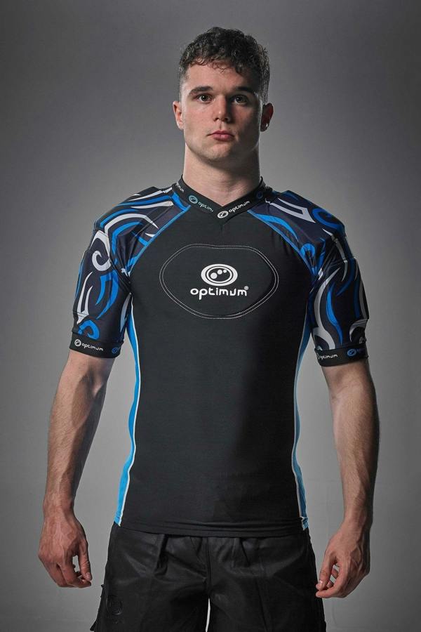 Black Optimum Razor protective top with blue tribal-print padded shoulders, front view on model - Optimum