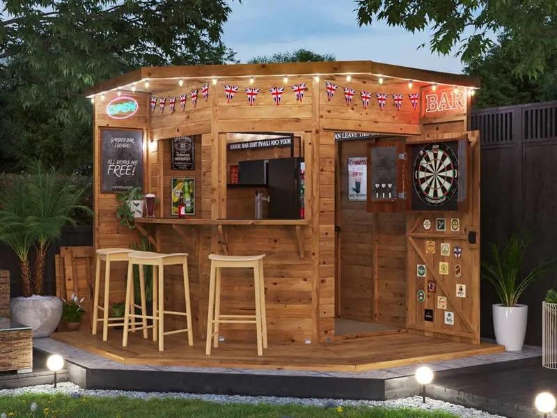 Dunster House Outdoor Bar Shed 2.4m x 2.4m Pressure Treated The Corner Hangover Garden Bar III Fully Loaded