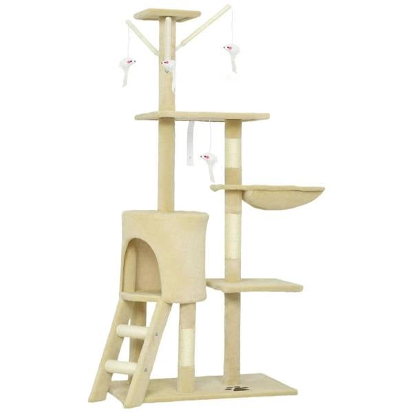 Beige multi-level cat tree with enclosed condo, perches, and sisal scratching posts