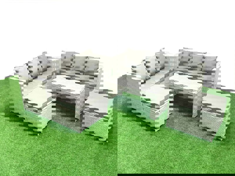 Fimous 8 Seater Garden Outdoor Rattan Furniture Set Rattan Garden Sofa Oblong Coffee Table with 2 Big Footstools Light Grey Mixed