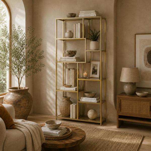 Wyld Haus Lolaha Wood And Metal White And Gold Tone 7 Tier Geometric Display Bookcase