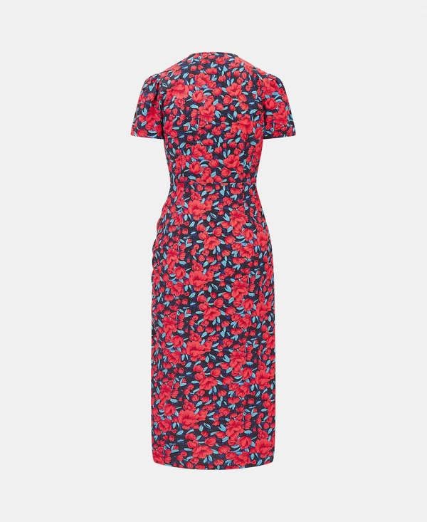 Back Red Floral Wrap Midi Dress