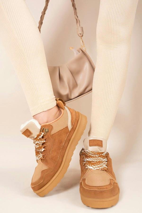 Leiza Chunky Lace Up Faux Fur Trainers - Chestnut