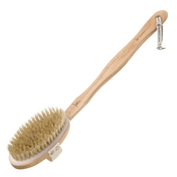 Hydréa London Durable Body Brush with Water-Protective Plastic Plate - Natural Bristle & Long Detachable Handle, FSC® Certified Beechwood