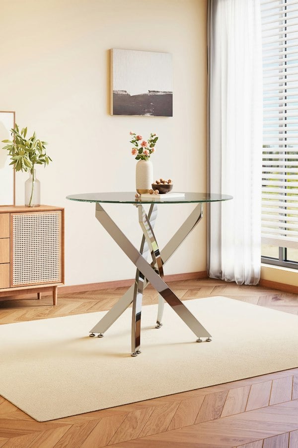 Living and Home Modern Clear Tempered Glass Dining Table Coffee Table with Chrome Crossed Legs