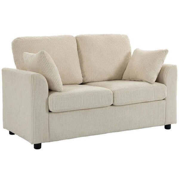 2 Seater Sofa, Corduroy Small Couch with Spring Cushion, Wide and Deep Seat, Beige