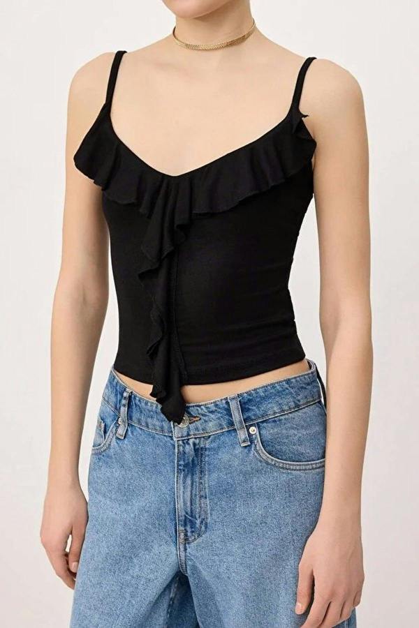 Strappy Ruffled Fitted Knitted Blouse