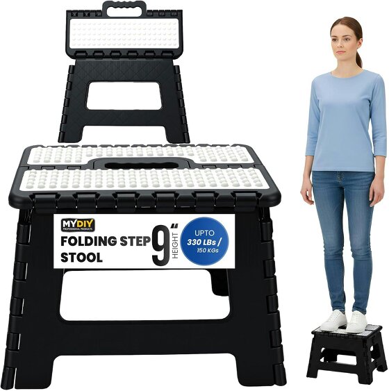 MY DIY PROFESSIONAL PRODUCTS Folding Step Stool 9 Inch Lightweight Heavy Duty Plastic Stool-Easy Carry Handle 150KG Weight Capacity Portable Footstool