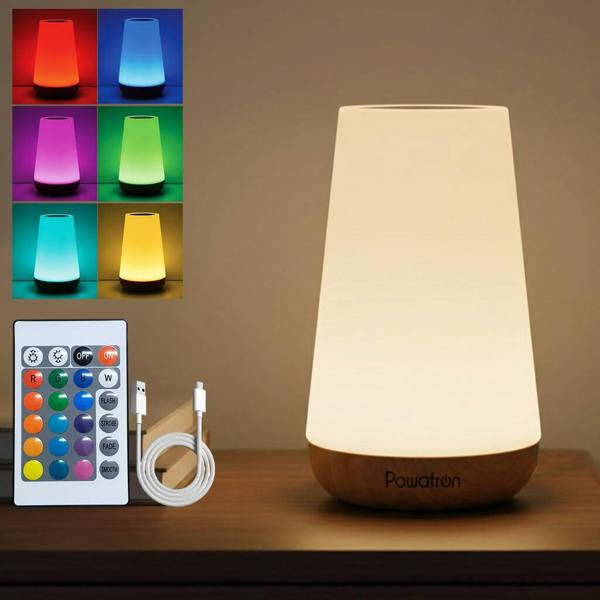 Powatron LED Night Light - RGB 13 Color Changing LED Touch Bedside Table Lamp With Timer Function - Rechargeable Remote Control
