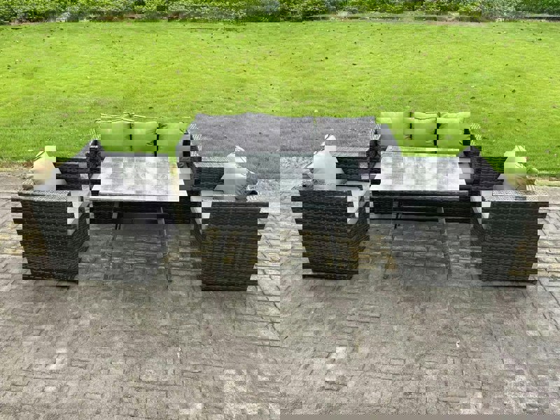 Fimous Wicker PE Rattan Outdoor Furniture Garden Dining Set with Lounge Sofa Oblong Dining Table 2 Armchairs Dark Grey Mixed