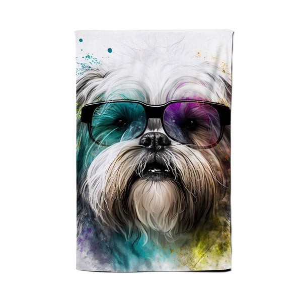 Warren Reed Lhasa Apso Face Glasses Splashart Tea Towel