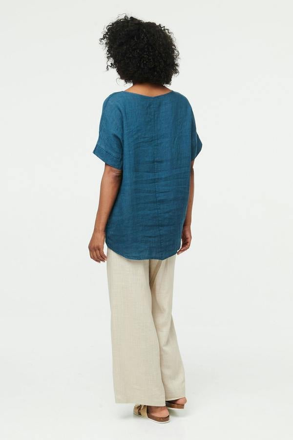 Blue | Relaxed Mesh Trim 1/2 Sleeve Top
