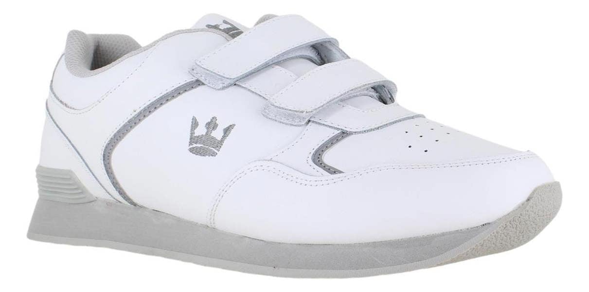 Crown King Mens/Womens Leather Lace Up/Touch Fasten Crown Green Bowls Sports Shoes Trainers, white athletic footwear with velcro straps and grey accents for men and women.