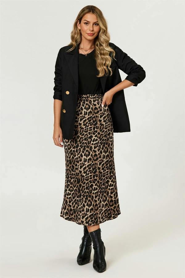 FS Collection Leopard Print Satin Midi Skirt In Brown