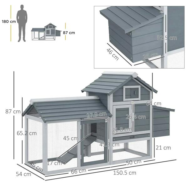 Grey chicken coop with run and nesting box, front view with size diagram