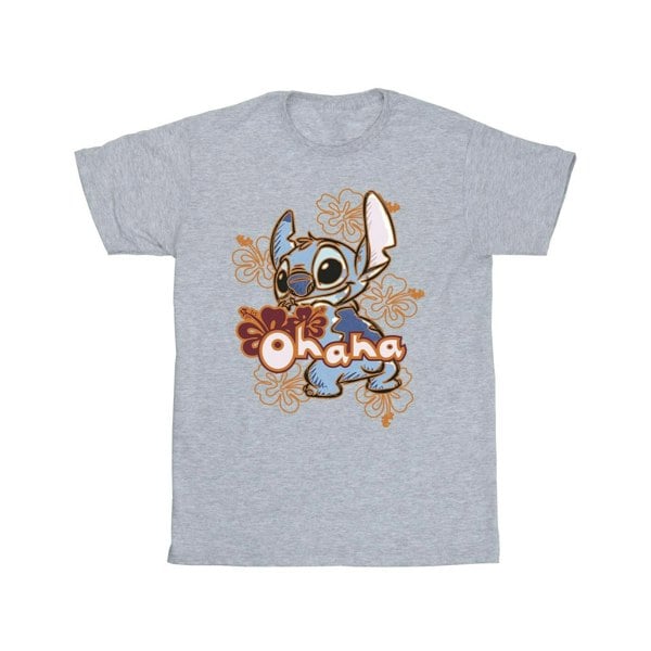 Disney Mens Lilo And Stitch Ohana Orange Hibiscus T-Shirt - Sports Grey