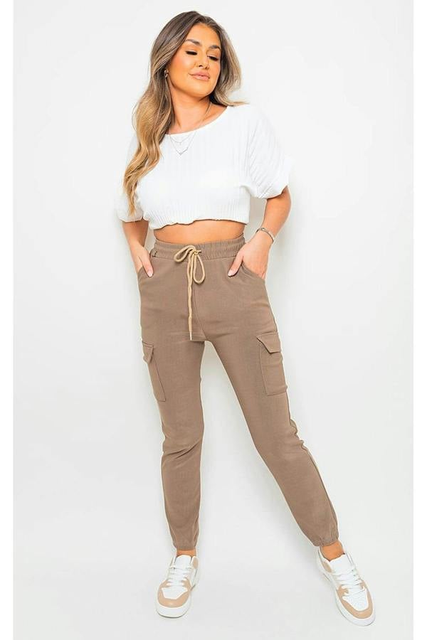 Plus Size Frankie Cargo Pocket Trouser With Drawstring - Beige