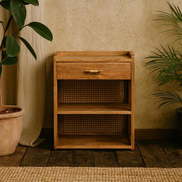 Wyld Haus Orta Natural Mango Wood T-Bar Bedside Table with Drawer