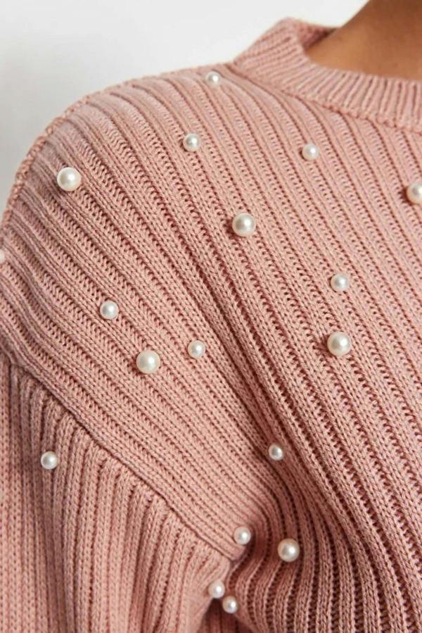 WOVCOR Crew Neck Knit Sweater with Pearl Details