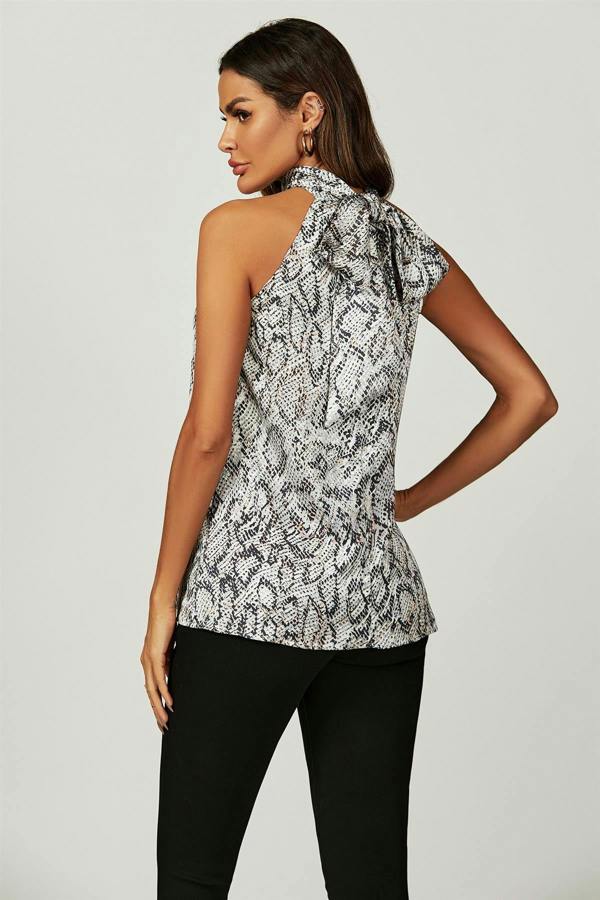 FS Collection Satin Snake Print Halter Neck Tie Back Top In Silver Grey