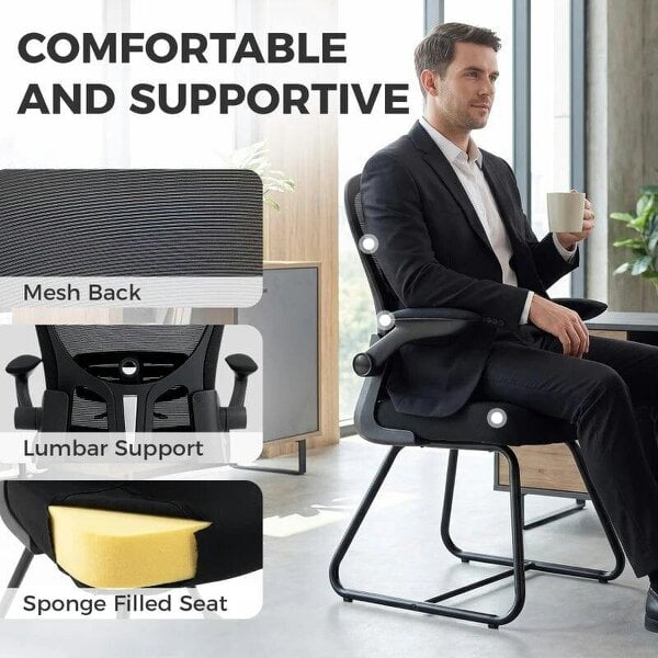 Reception Chair, Conference Meeting Office Chair with Flip-up Armrest, Mesh Backrest, Lumbar Support and Metal Base