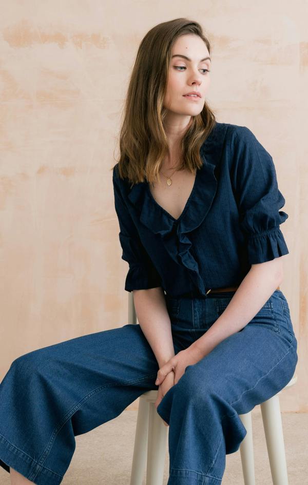 Lily & Me May Embroidered Cotton Frill Blouse Navy