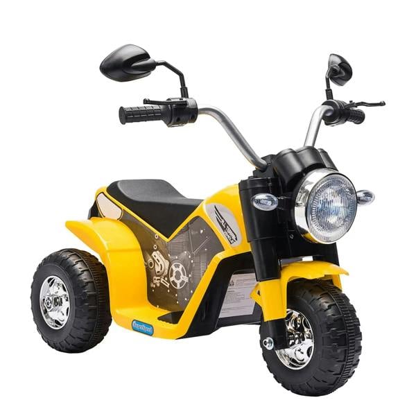 Yellow 3-wheel kids electric motorbike with LED headlights and black handlebar mirrors